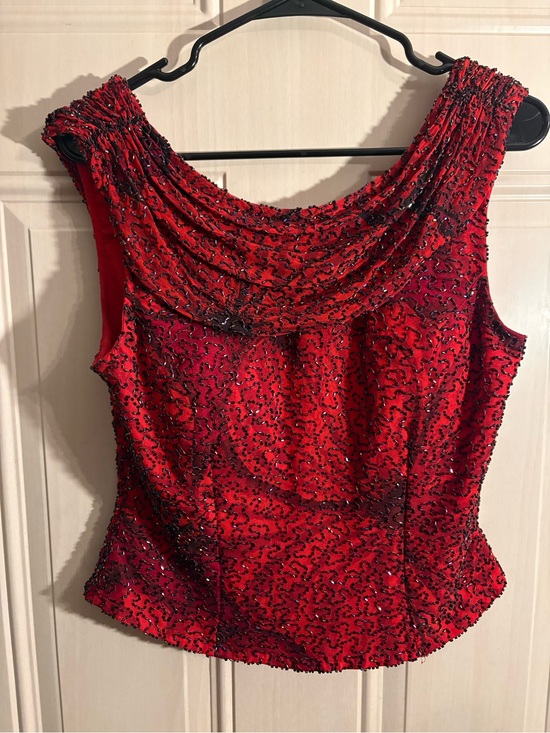 Cache Tops - Cache Red Beaded Draped Neckline Evening Top MEDIUM Y2K Grunge Fairy Whimsy Vamp